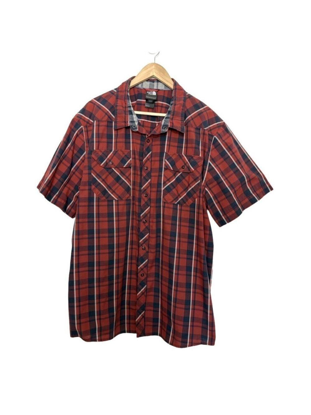 The North Face Mens Red Plaid Button Up Shirt Size XXL Short Sleeve Snap Front